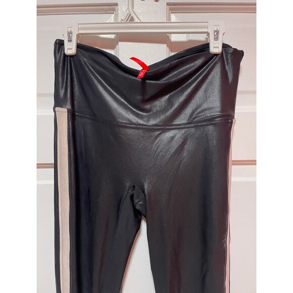 SPANX Faux Leather Leggings Tummy Control Side Stripe Black White size XL - Picture 3 of 9